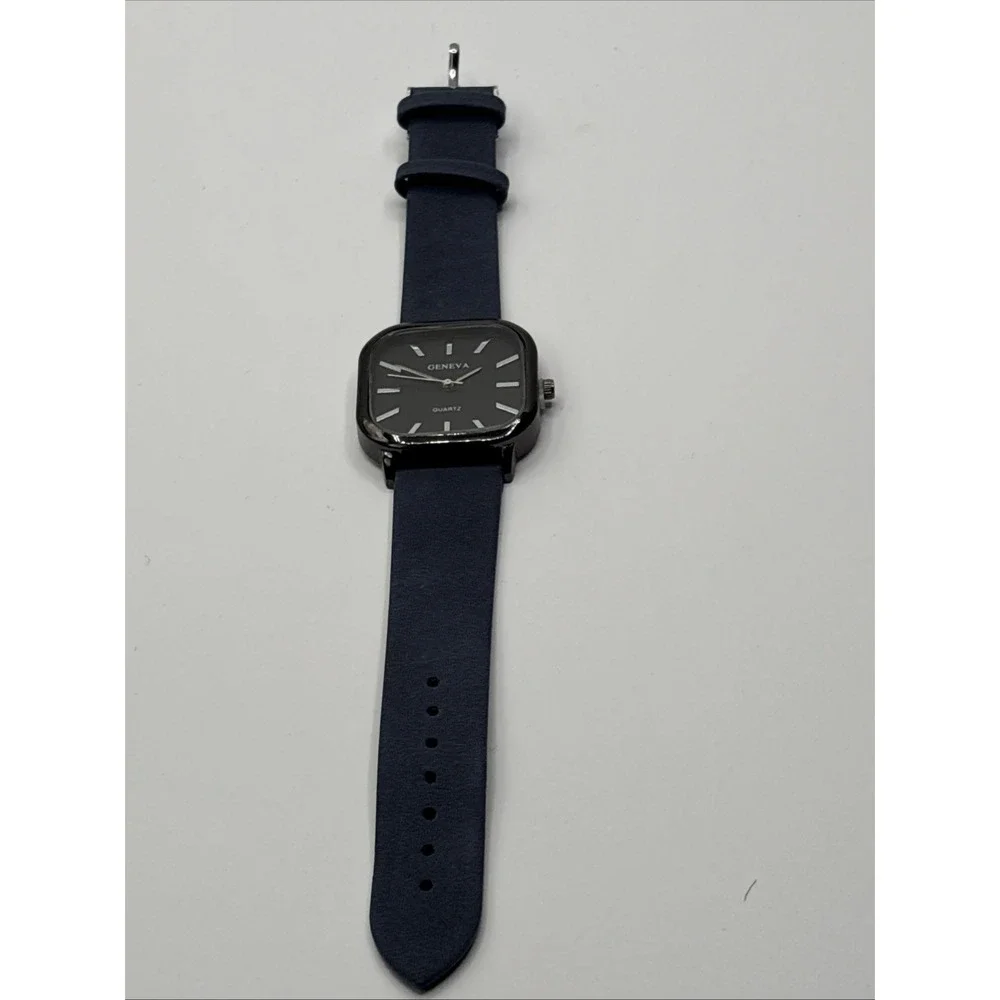 Geneva Quartz Men's Watch Square‎ With Navy Blue Band New Outside Box